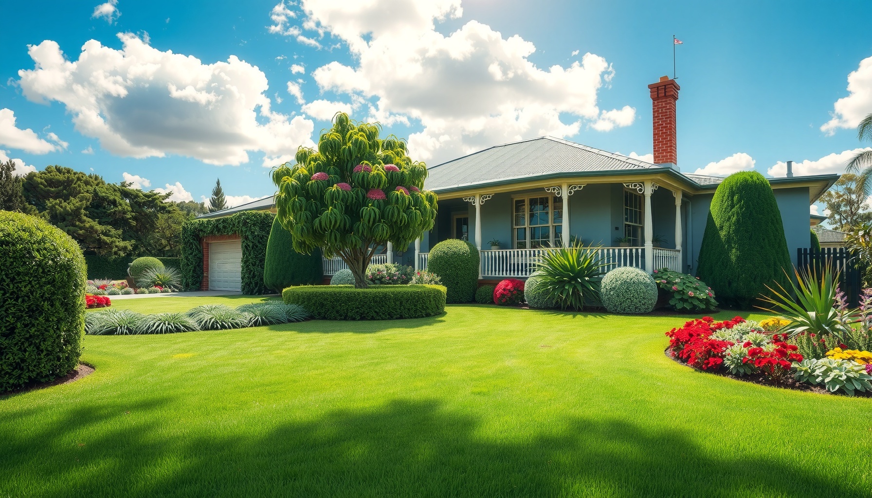 Charming home with lush garden and vibrant flowers.