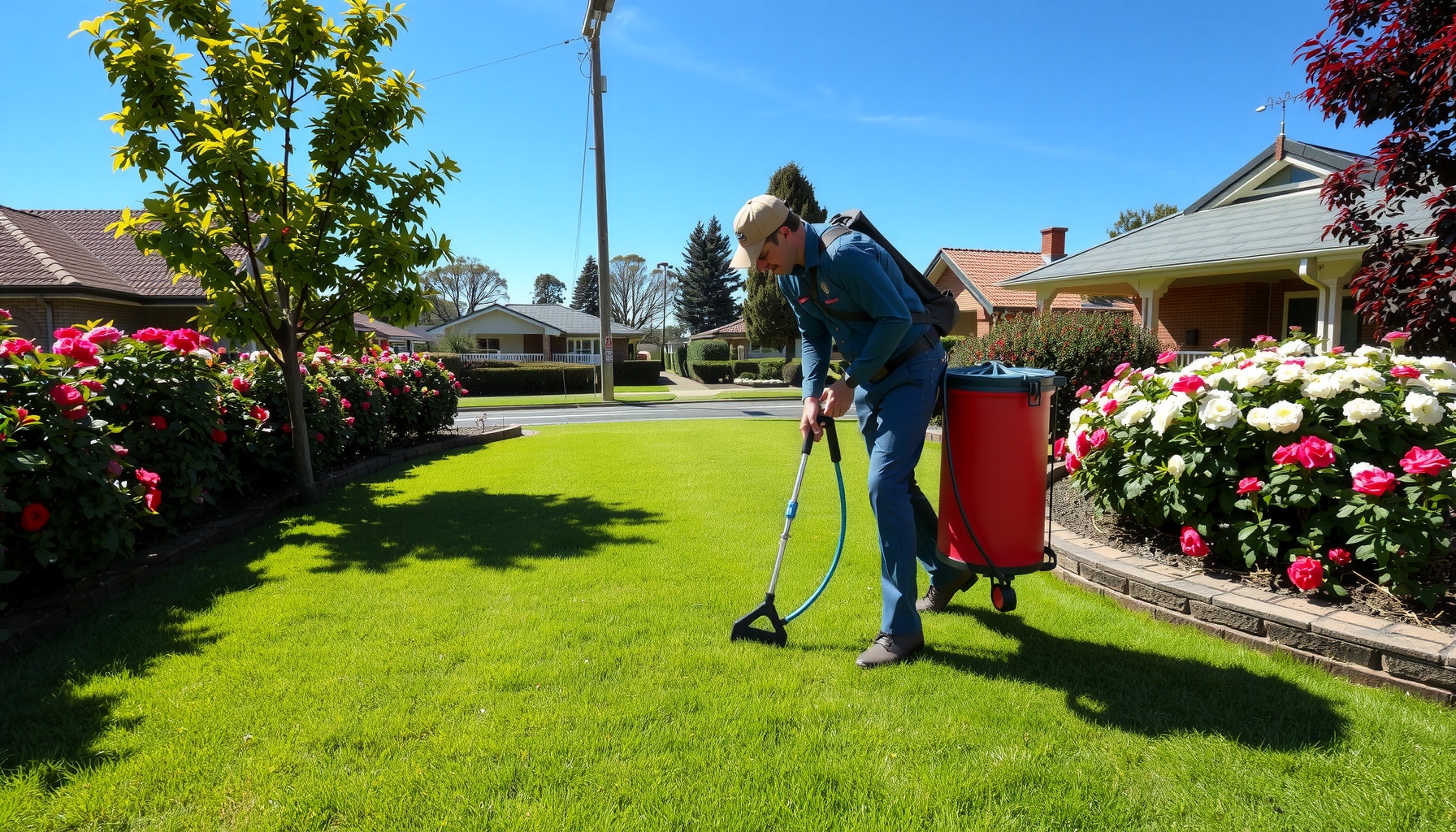 Person maintaining lush garden lawn with lawn care equipment.