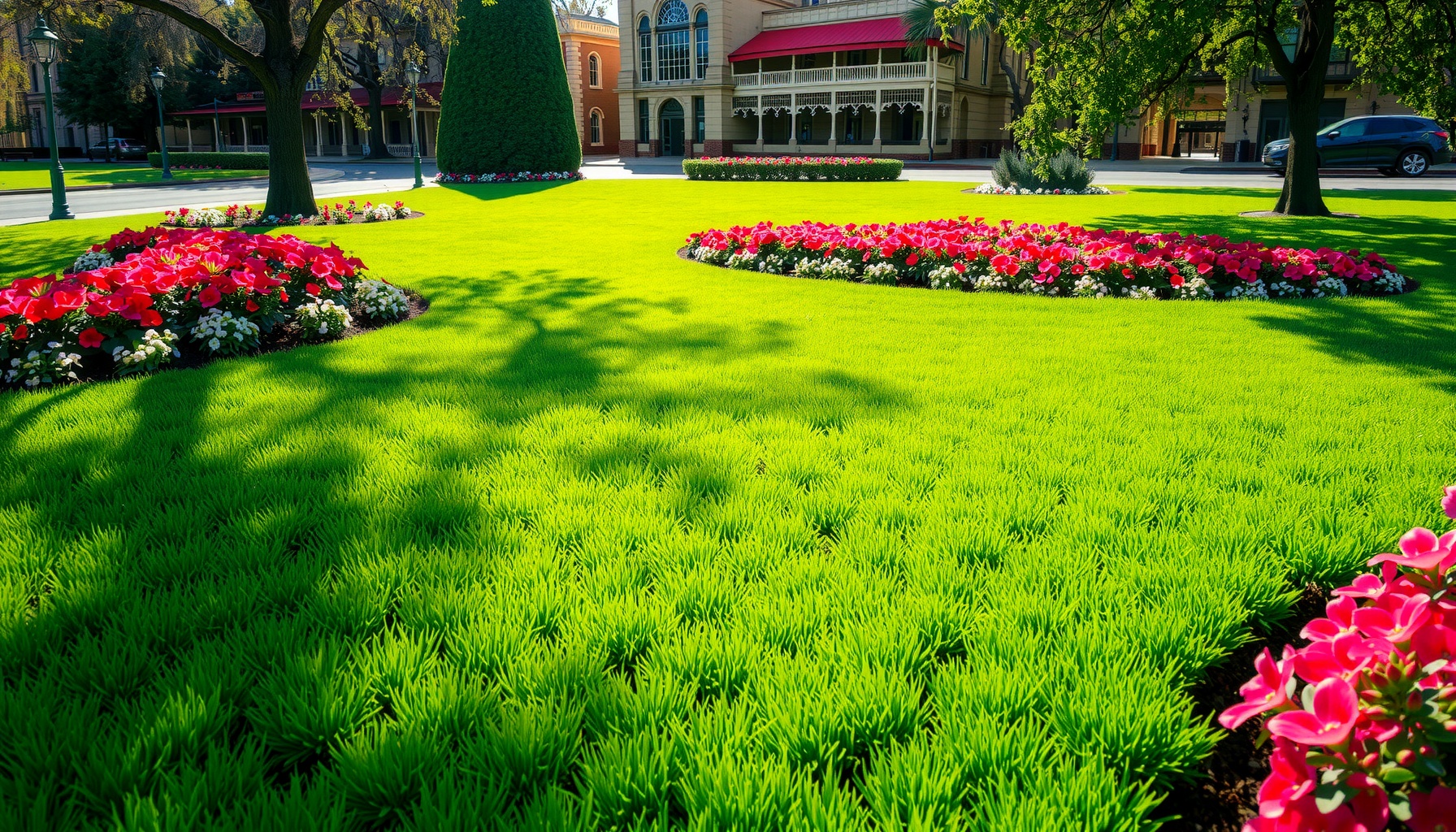 Lush garden with vibrant flowers and buildings.
