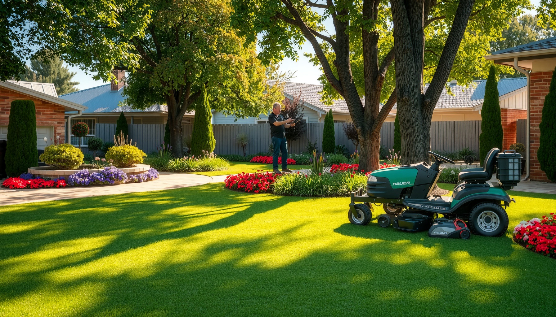 Man mowing lush garden with ride-on mower.