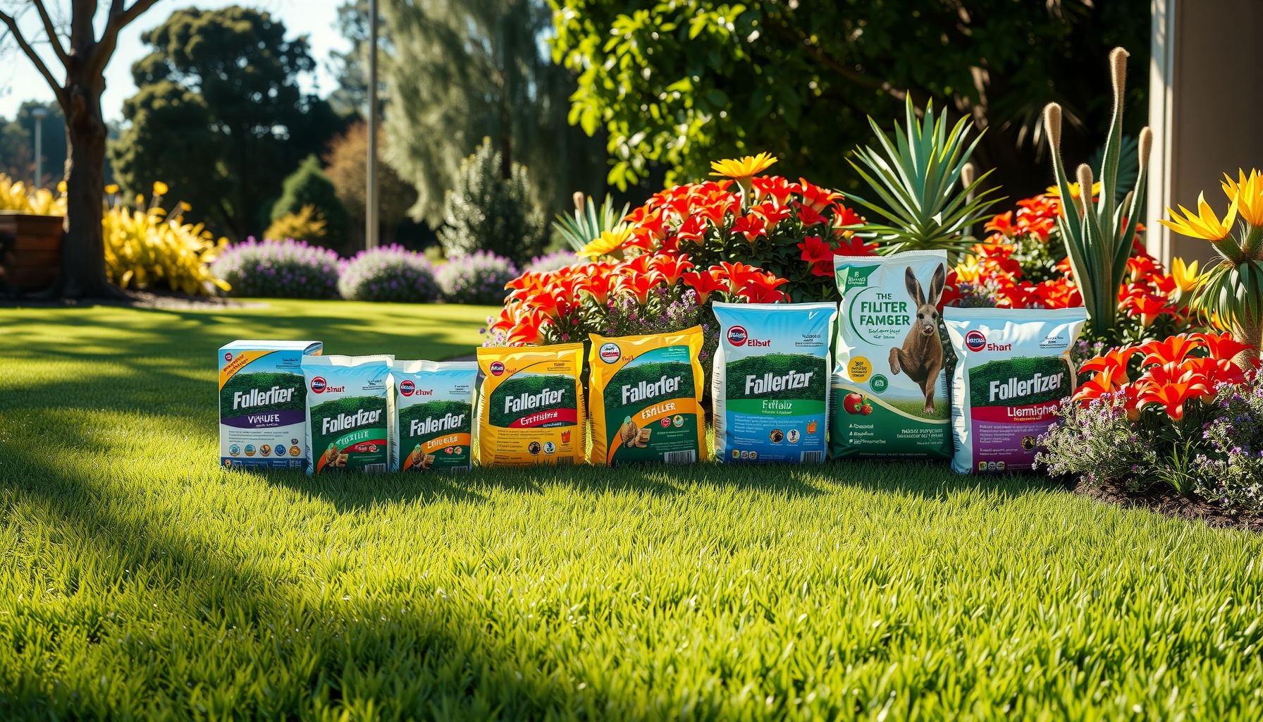 Garden with assorted fertiliser bags on grass